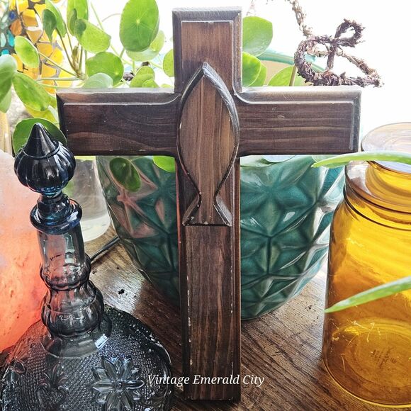 Vtg Hand-Carved 12" Wooden Cross Brown Rustic Decor Easter Jesús Religious Fish - Picture 1 of 11